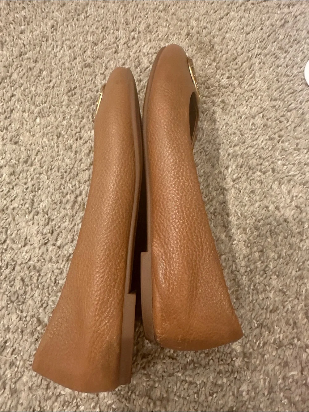 Tory Burch Tan Leather Logo Ballet Flats with Gold Emblem